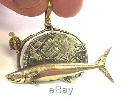 14K Solid Yellow Gold Wahoo Fish & Reel & Silver Reale Atocha Cob Coin Pendant