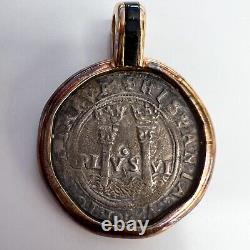 1500's Silver 2 Reales Spanish Cob Pieces of Eight Coin 14k Gold Bezel Pendant