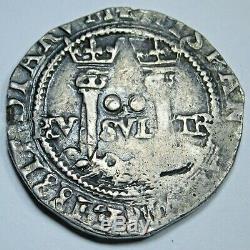 1500's Spanish Mexico 2 Reales Carlos & Johanna Antique Silver Two Real Cob Coin