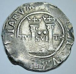 1500's Spanish Mexico 2 Reales Carlos & Johanna Antique Silver Two Real Cob Coin