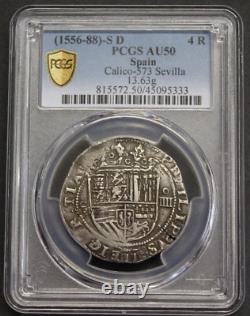 (1556-88) Philip II 4 Real Cob Pcgs Au50 Sevilla Spanish Silver Colonial Era