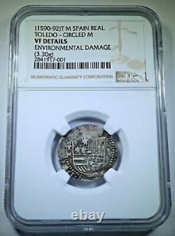 1590-1592 Spanish Toledo Silver 1 Reales Antique 1500's Colonial Pirate Cob Coin