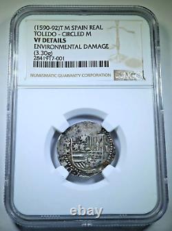 1590-92 Philip II Spanish Silver 1 Reales Antique 1500s Colonial Pirate Cob Coin