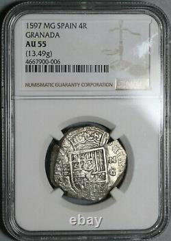 1597-MG NGC AU 55 Spain 4 Reales Philip II Granada Cob Silver Coin (20010501C)