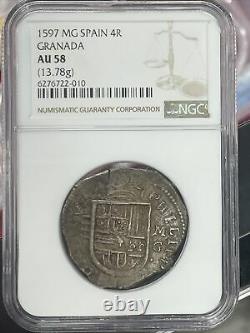 1597-MG NGC AU 58 Finest Graded Spain 4 Reales Philip II Granada Cob Silver Coin