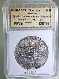 1618-1647 8 Reales, Potosi Silver Shipwreck Cob Coin, Grade 1, PNCS, Tapia, withCOA