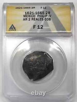 1621-1665 Mexico Silver 2 REALES Cob ANACS F-12 Philip IV