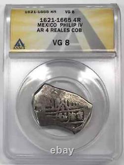 1621-1665 Mexico Silver 4 REALES Cob ANACS VG-8 Philip IV