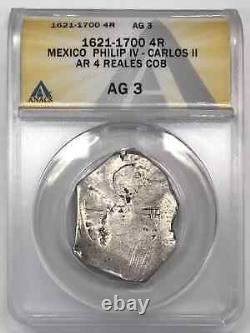 1621-1700 Mexico Silver 4 REALES Cob ANACS AG-3 Philip IV Carlos II