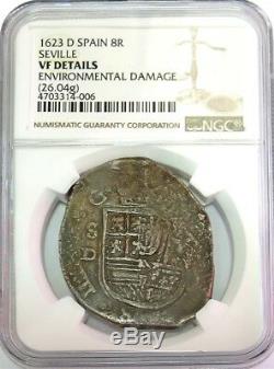 1623 Seville D Silver Spain Philip IV 8 Reales Salvage Cob Ngc Very Fine Details