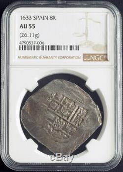 1633, Kingdom of Spain, Philip IV. Silver 8 Reales Cob Coin. Seville! NGC AU-55
