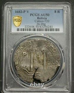 1682 Potosi 8 Real Cob Pcgs Au50 Bolivia Charles II Assay V Silver Colonial Era