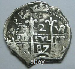 1687 Potosi 2 Real Cob Charles II Bolivia Assayer Vr Spanish Silver Colonial Era