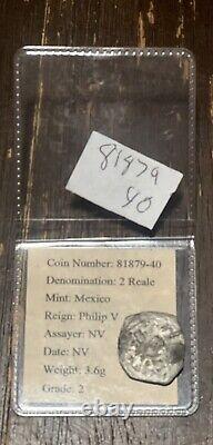 1700s Shipwreck 2 Reales Philip V NV Certificate Grade 2 Silver Coin Cob Escudo