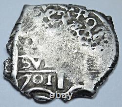1701 Spanish Bolivia Silver 1 Reales Genuine Antique Colonial Pirate Cob Coin