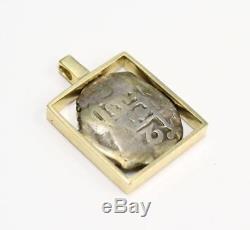 1713 Spain 2 reales colonial silver cob Two Bits 18K gold pendant 11.5 grams