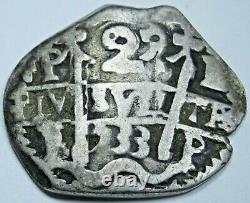 1733 Spanish Silver 2 Reales Antique Colonial 1700's Pirate Treasure Cob Coin