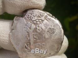 1738 Peru Guatemala C/m Skull Crown Colonial 8 Reales Dollar Cob Silver Coin