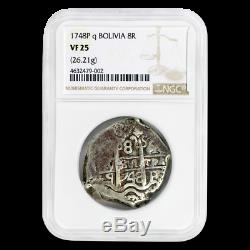 1748-P Q Bolivia Silver Cob 8 Reales Silver Coin NGC VF25 (. 8100 ASW) -Rare! -