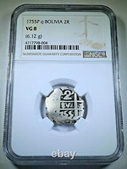 1755 Spanish Bolivia Silver 2 Reales NGC Antique 1700's Colonial Pirate Cob Coin