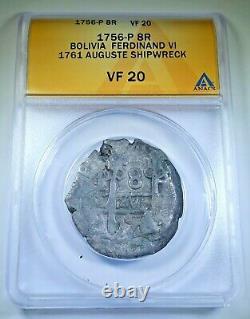1756 Auguste Shipwreck Silver 8 Reales 1700's VF Spanish Dollar Pirate Cob Coin