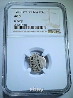1763 Spanish Bolivia Silver 1 Reales NGC Graded Antique Colonial Pirate Cob Coin