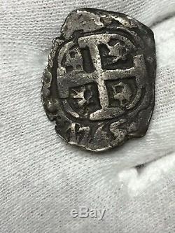 1765 Silver Spanish Pirate Cob Bolivia 2 RealesAMAZING PIECE Date In Both Sides