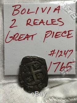 1765 Silver Spanish Pirate Cob Bolivia 2 RealesAMAZING PIECE Date In Both Sides