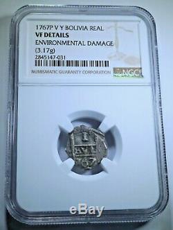 1767 Spanish Bolivia Silver 1 Reales NGC Graded Antique Colonial Pirate Cob Coin