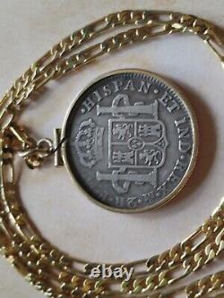 1797 Colonial Mexican Empire Dos Reale silver cob pendant 24 18KGF Chain. Sterl
