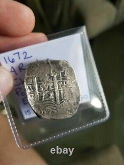 4 Reales Silver Cob, 1672 Potosi E, 15.6g Charles II