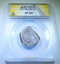 ANACS VF20 1732 Mexico Silver 4 Reales Spanish Colonial Pirate Treasure Cob Coin