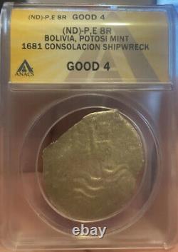AUTHENTIC 8 Reales Silver Cob Coin Spanish Consolacion Shipwreck 1681 ANACS Pira