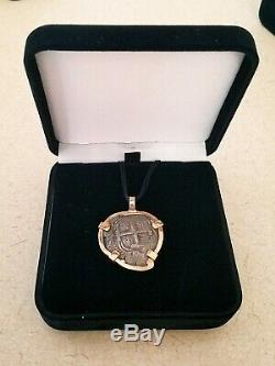Ancient Shipwrecked 4-Reale Spanish Cob Coin with 14K Gold Bezel Pendant
