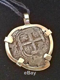 Ancient Shipwrecked 4-Reale Spanish Cob Coin with 14K Gold Bezel Pendant