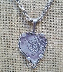 Ancient Spanish Colonial Pirate Shipwreck 2 Reales Cob Coin Silver Charm & Chain