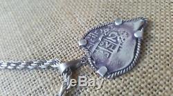 Ancient Spanish Colonial Pirate Shipwreck 2 Reales Cob Coin Silver Charm & Chain