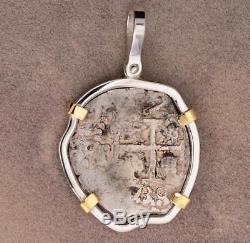 Authentic 2 Reales Cob Treasure Coin in Sterling Silver+ 14kt Gold Pendant 1730