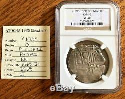 Authentic Atocha Recovered NGC 1596-1621 8 Reales Philip III Shield Cob VF 30