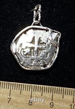 Authentic Spanish 2-Reales Silver Shipwreck Potosi Cob Coin in Bezel, Dated 1761