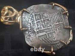 Authentic Spanish 8 Reales Cob Coin 14K Gold Bezel Mount Pendant Large Heavy
