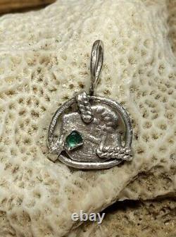 Authentic Spanish-Colonial 1/2-Real Silver Shipwreck Cob Coin Pendant with Emerald