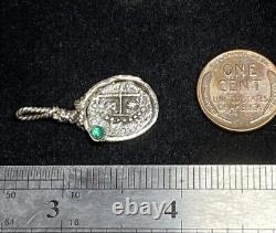 Authentic Spanish-Colonial Half-Real Silver Treasure Cob Coin Pendant with Emerald