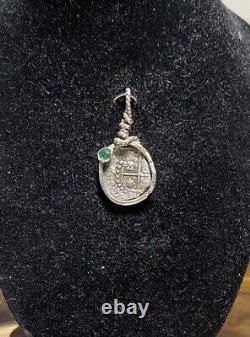 Authentic Spanish-Colonial Half-Real Silver Treasure Cob Coin Pendant with Emerald