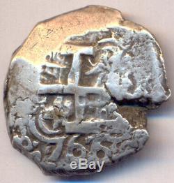 Cob Potosi Bolivia Carlos III 8 Reales 1766 VY Two Dates Silver Rare Amazing