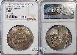Colonial Spain Seville B 8 Reales Silver Cob coin pirate money NGC AU 55 TOP POP