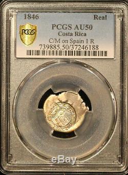 Costa Rica 1846 Real C/M on Spain 1 real Cob PCGS AU50, High Grade Piece! KM 47