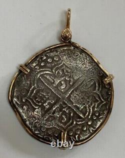 Dated 1621 Atocha 8 Reales Silver Shipwreck Cob Coin Grade I 14K Gold Bezel
