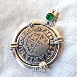 Genuine1738 1 Reales Silver Spanish Treasure Cob Coin & Emerald Pendant
