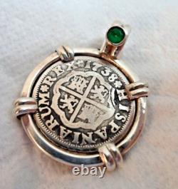Genuine1738 1 Reales Silver Spanish Treasure Cob Coin & Emerald Pendant